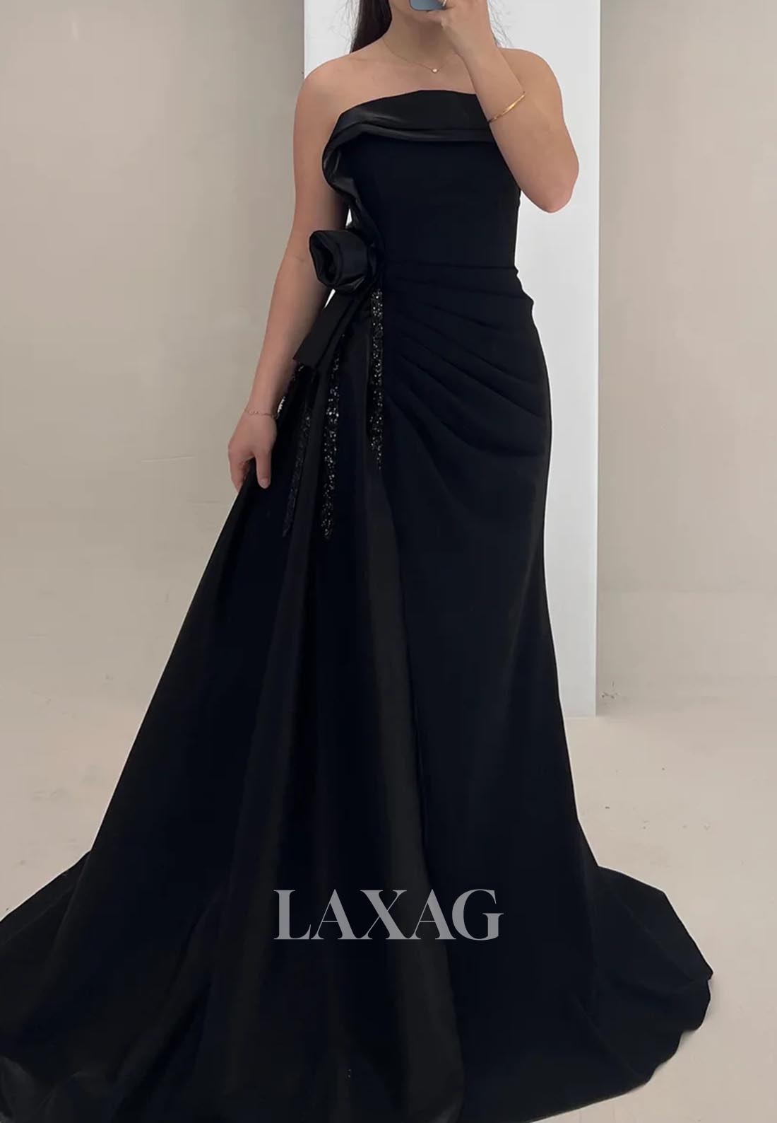 Sleeveless Off-Shoulder Pleated Satin Formal Gowns Tube Top Sweep Train Mermaid Evening Dress