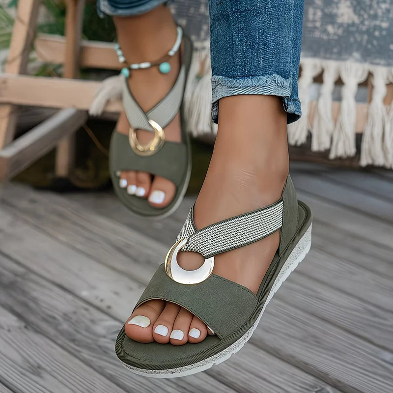 Open Toe Ring Detail Slingback Low Wedge Sandals