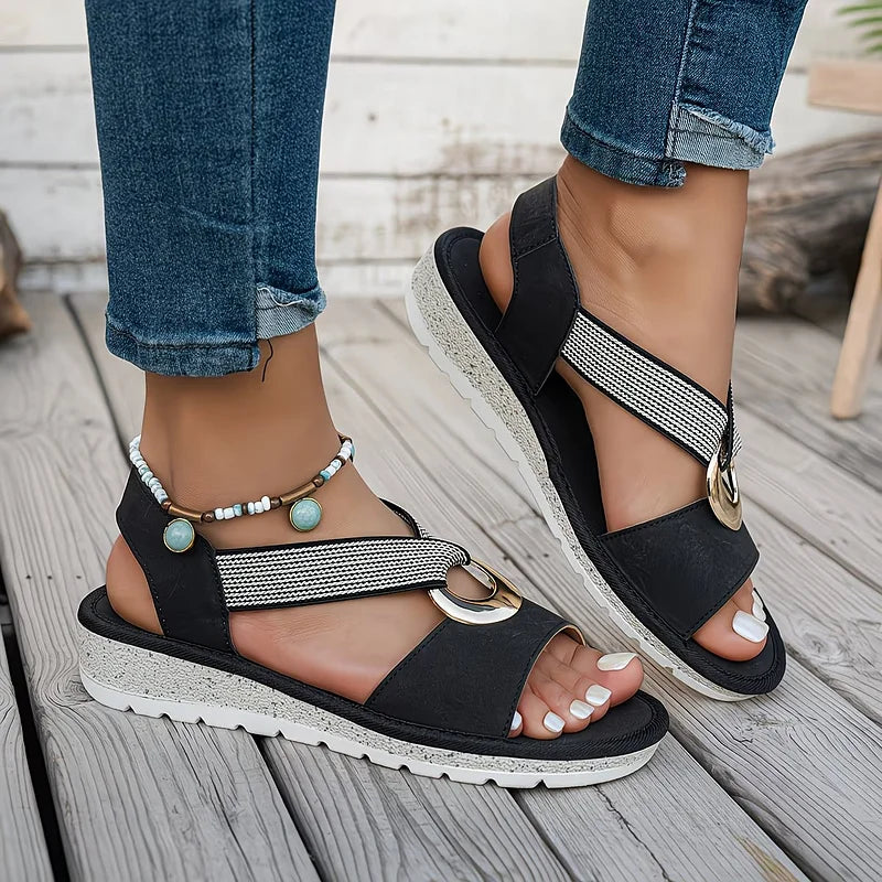 Open Toe Ring Detail Slingback Low Wedge Sandals