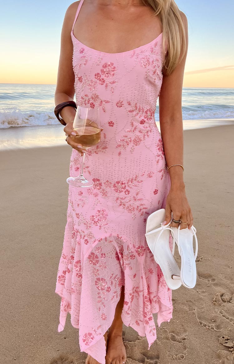 Floral Sequin Scoop Neck Spaghetti Strap Handkerchief Hem Midi Dress 9