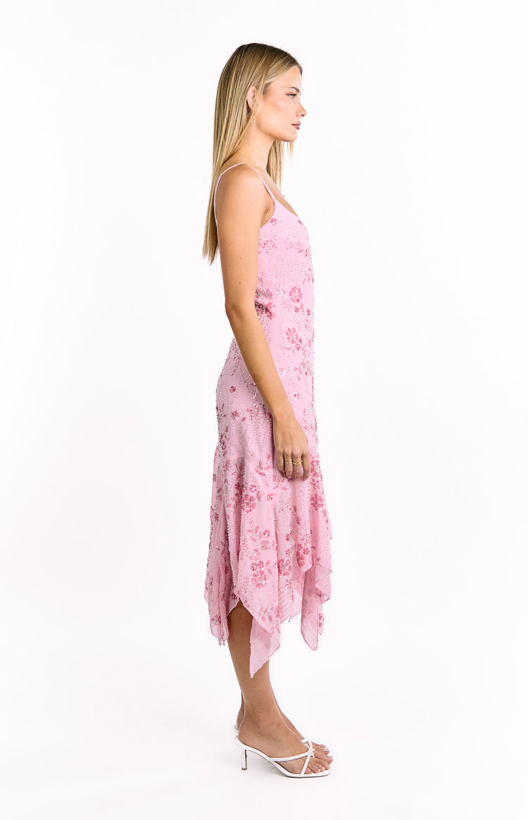 Floral Sequin Scoop Neck Spaghetti Strap Handkerchief Hem Midi Dress 3