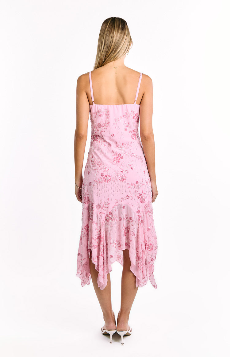Floral Sequin Scoop Neck Spaghetti Strap Handkerchief Hem Midi Dress 4