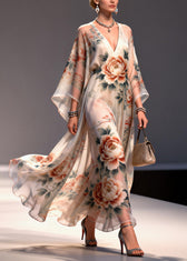 Apricot Floral Print Chiffon Maxi Dresses Exra Large Hem Summer