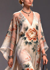 Apricot Floral Print Chiffon Maxi Dresses Exra Large Hem Summer 2