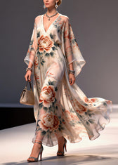 Apricot Floral Print Chiffon Maxi Dresses Exra Large Hem Summer 3