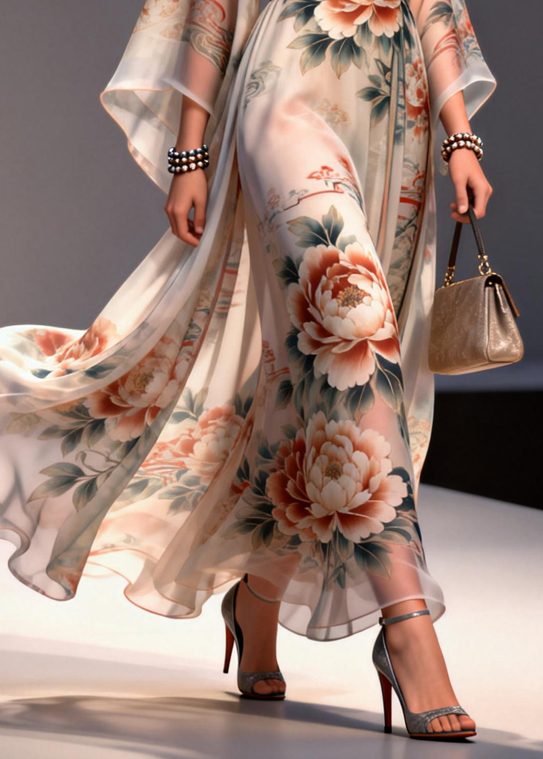 Apricot Floral Print Chiffon Maxi Dresses Exra Large Hem Summer 4