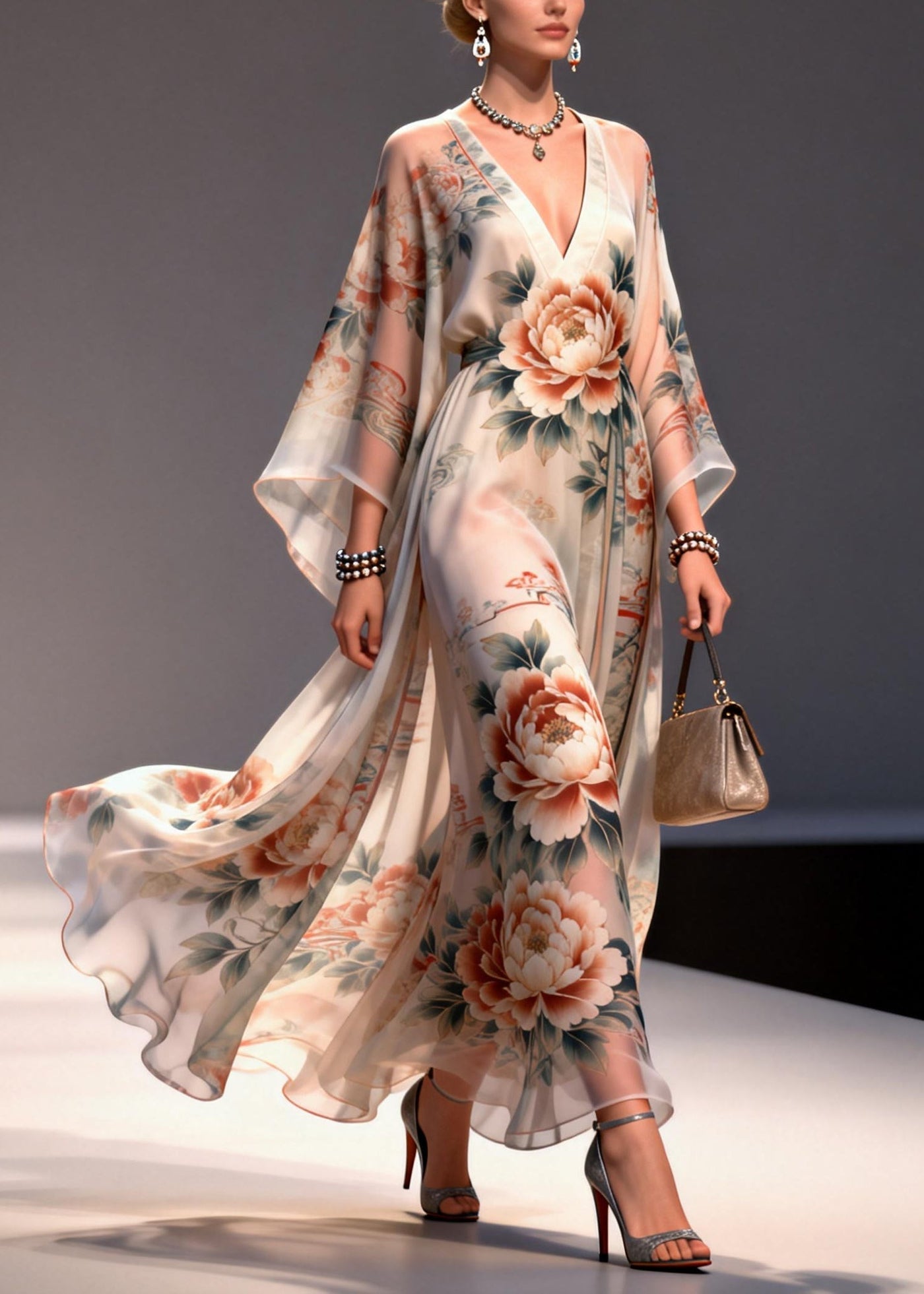 Apricot Floral Print Chiffon Maxi Dresses Exra Large Hem Summer 5