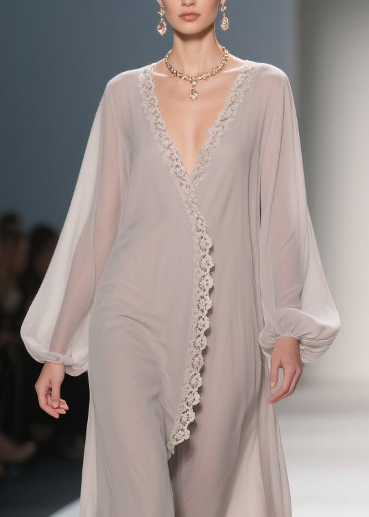 Apricot Lace Solid Chiffon Maxi Dresses V Neck 2