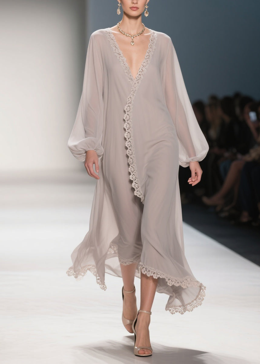 Apricot Lace Solid Chiffon Maxi Dresses V Neck 3