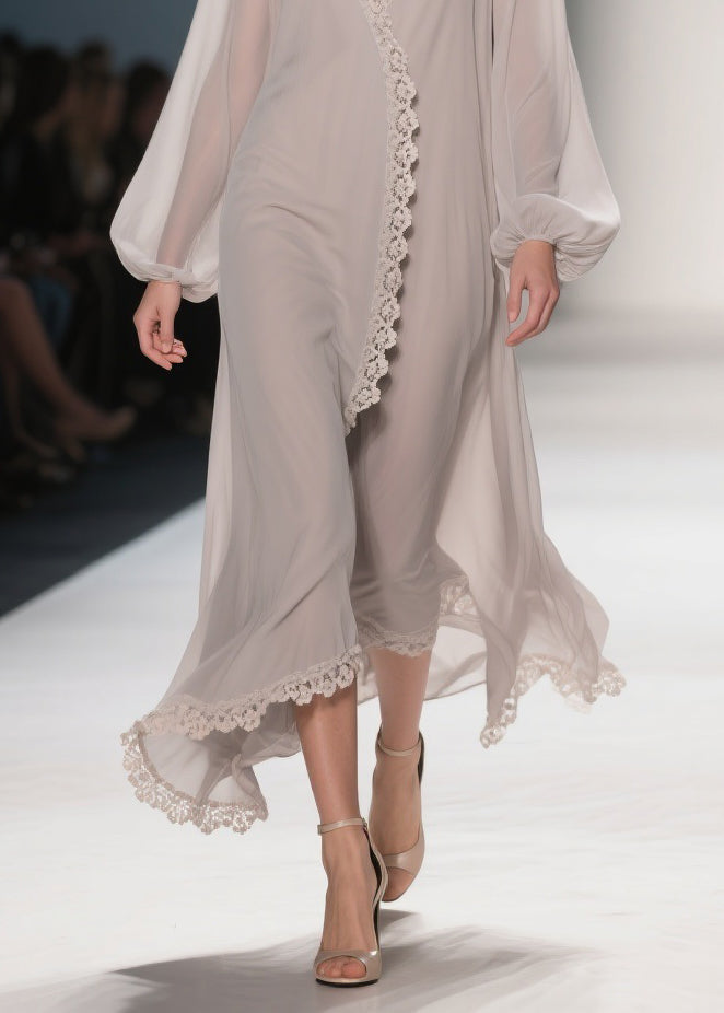 Apricot Lace Solid Chiffon Maxi Dresses V Neck 4