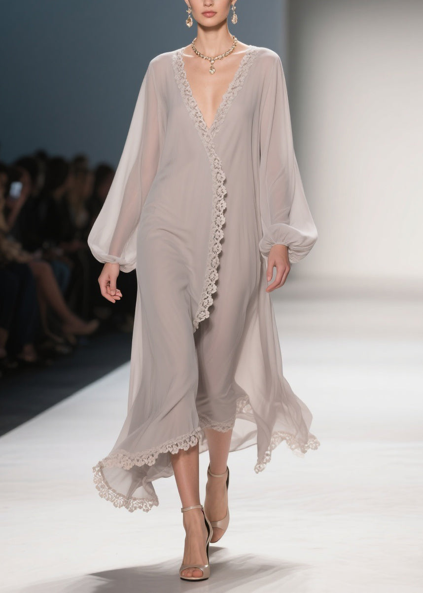 Apricot Lace Solid Chiffon Maxi Dresses V Neck 5