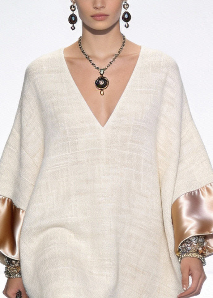 V-Neck Bell Sleeve Satin Panel Beaded Cuff Woven Patchwork Mini Dress