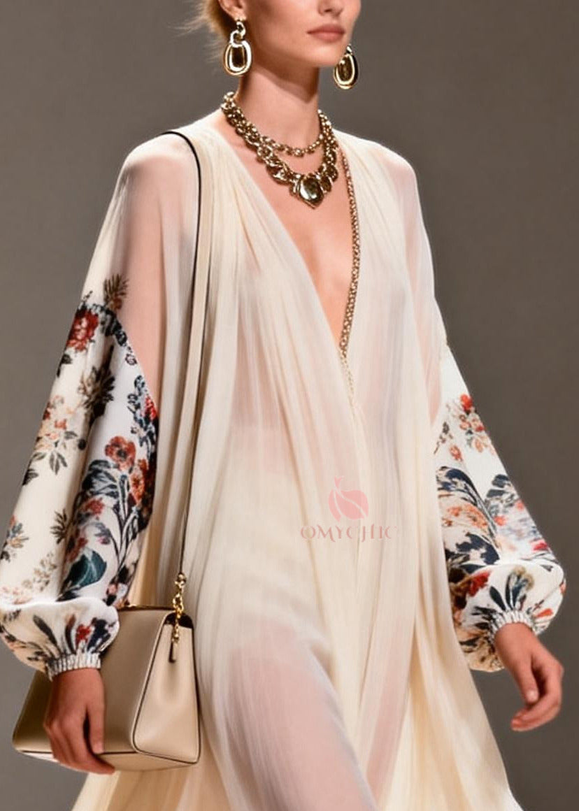 Chiffon Deep V-Neck Floral Balloon Sleeve Pleated Maxi Gown