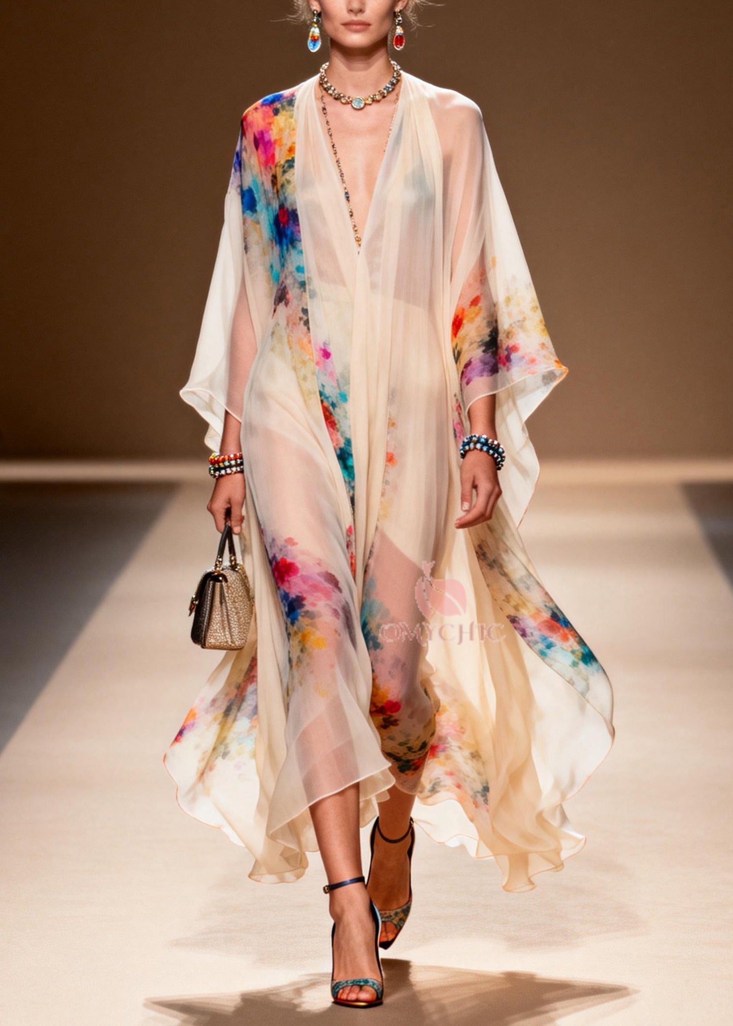 Abstract Print Sheer Chiffon Kaftan Gown and Short Romper Two-Piece Set