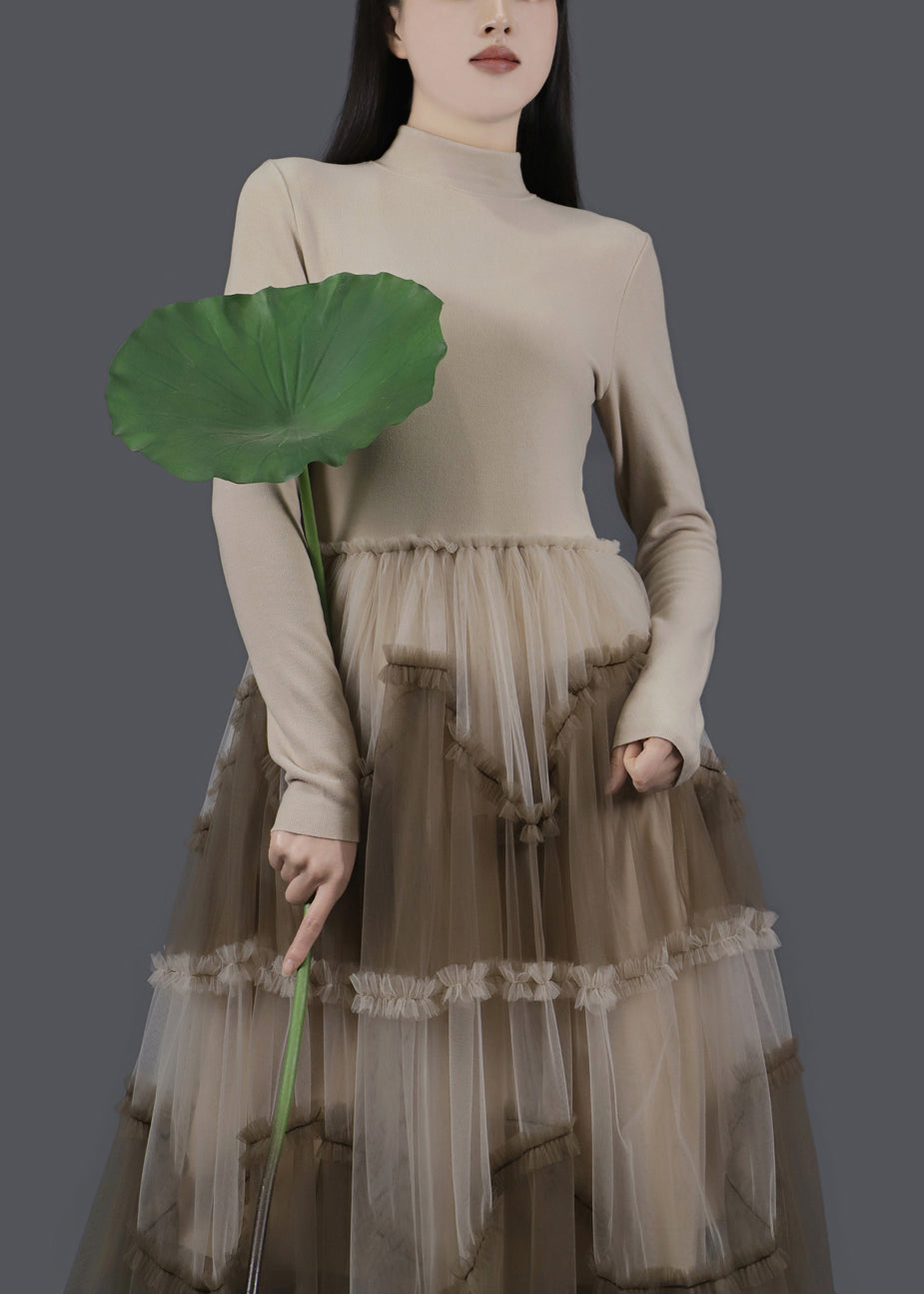 Mock Neck Long Sleeve Knit Tiered Ruffle Trim Tulle Maxi Dress 4