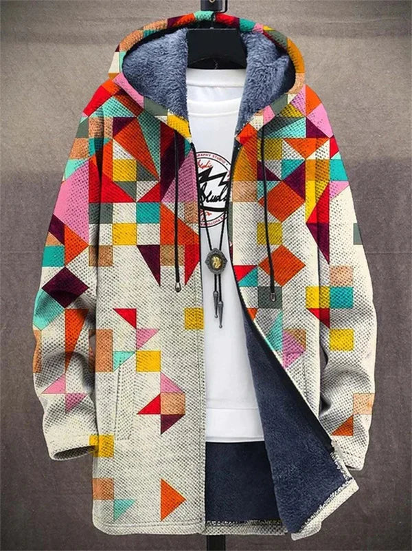 Hooded Geometric Print Fleece Lined Jacket