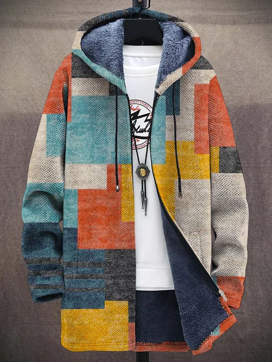 Hooded Geometric Print Fleece Lined Jacket