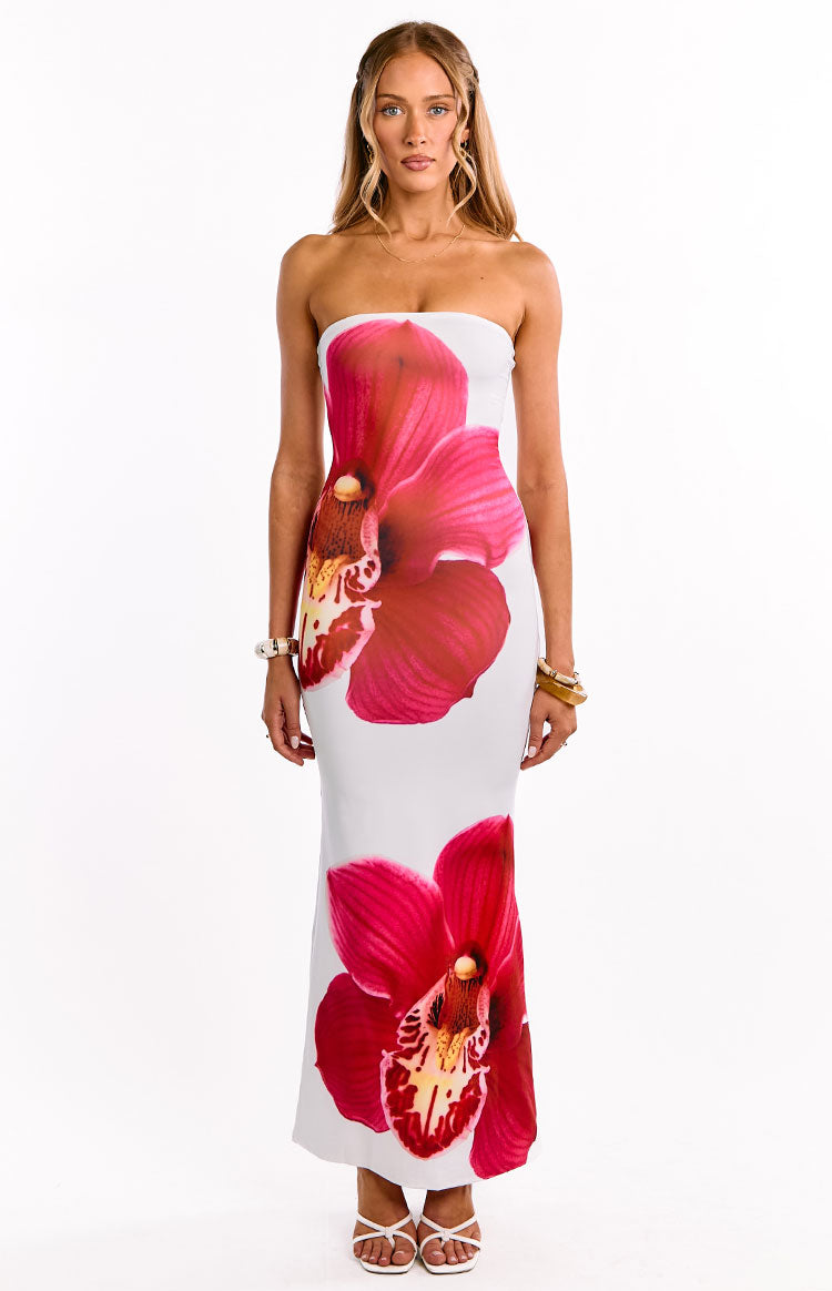 Orchid Print Strapless Bodycon Maxi Dress 4