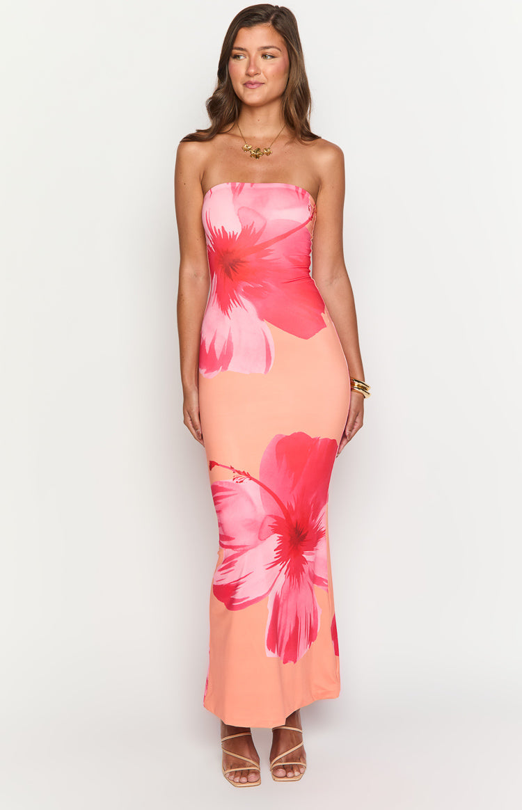 Arizona Orange Floral Print Maxi Dress