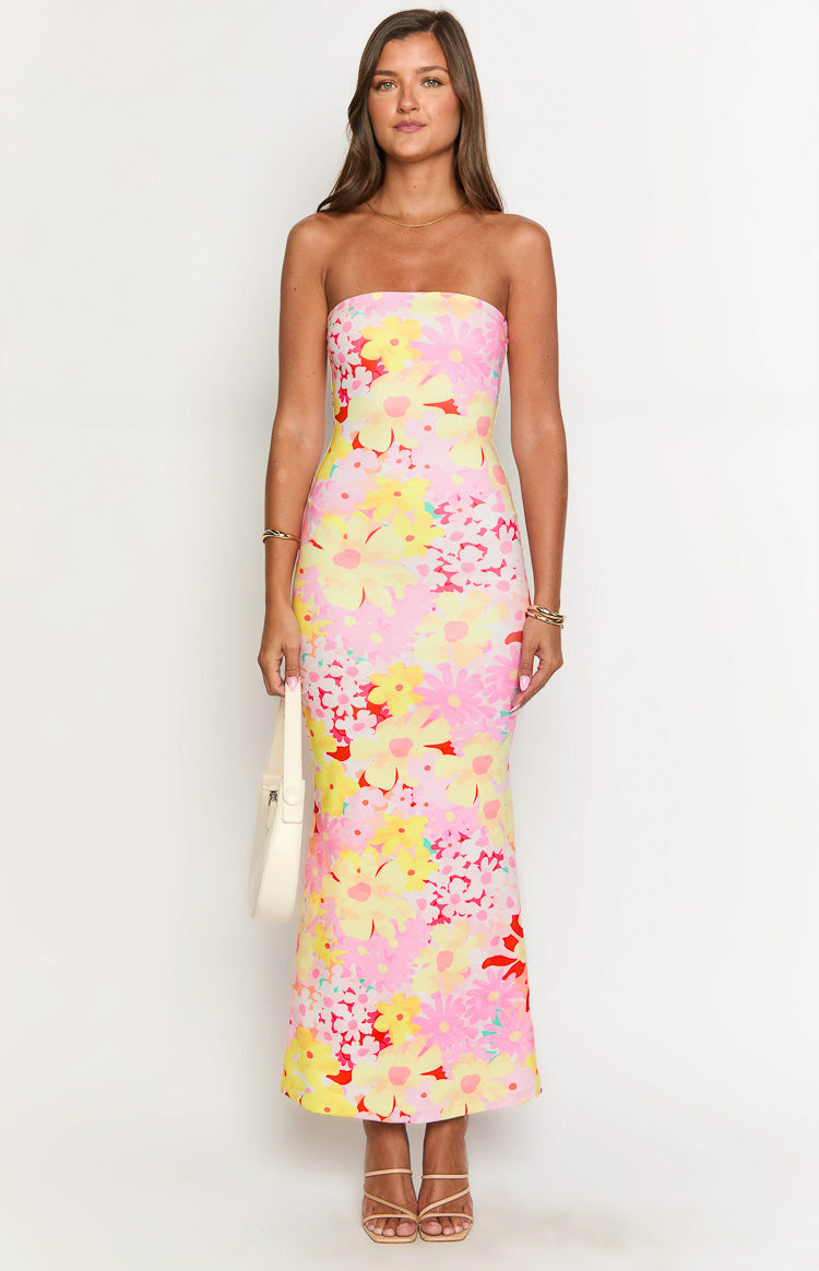 Retro Floral Print Strapless Bodycon Maxi Dress 2