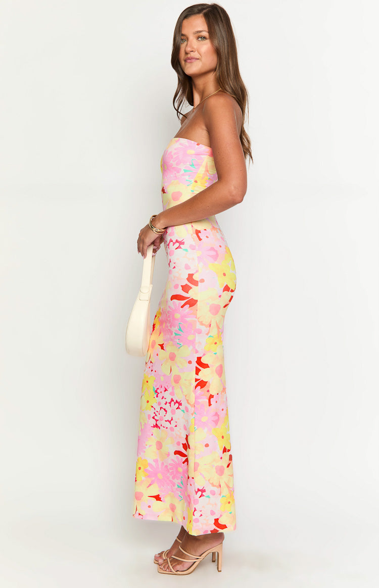 Retro Floral Print Strapless Bodycon Maxi Dress 3