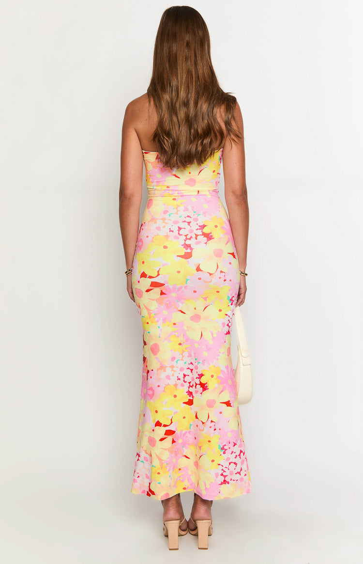 Retro Floral Print Strapless Bodycon Maxi Dress 4