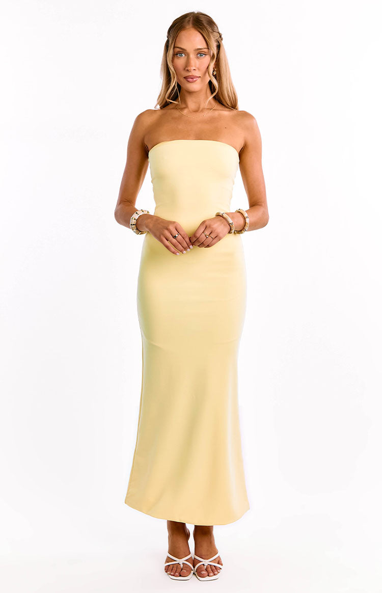 Strapless Straight Neck Crepe Fitted Maxi Dress