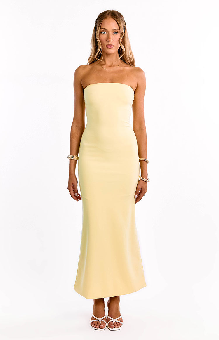 Strapless Straight Neck Crepe Fitted Maxi Dress 2