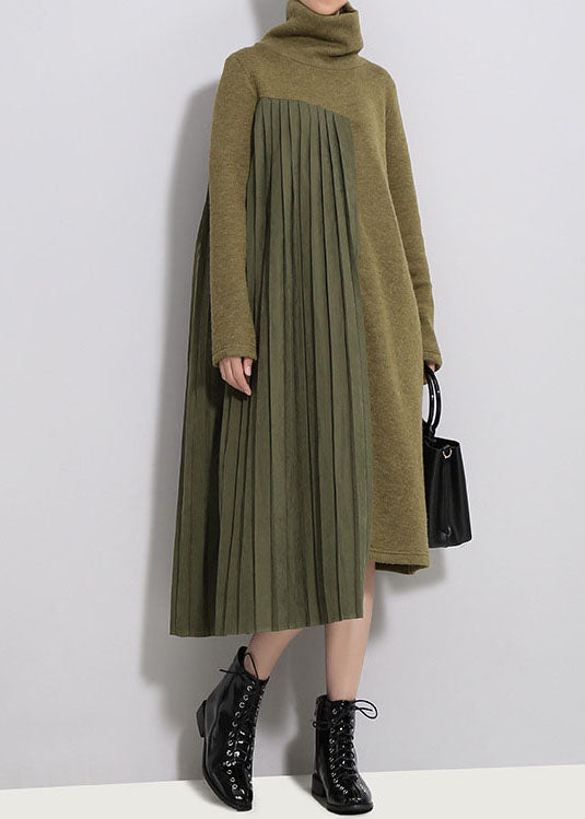 Knit Turtleneck Long Sleeve Asymmetrical Pleated Panel Oversized A-Line Midi Dress