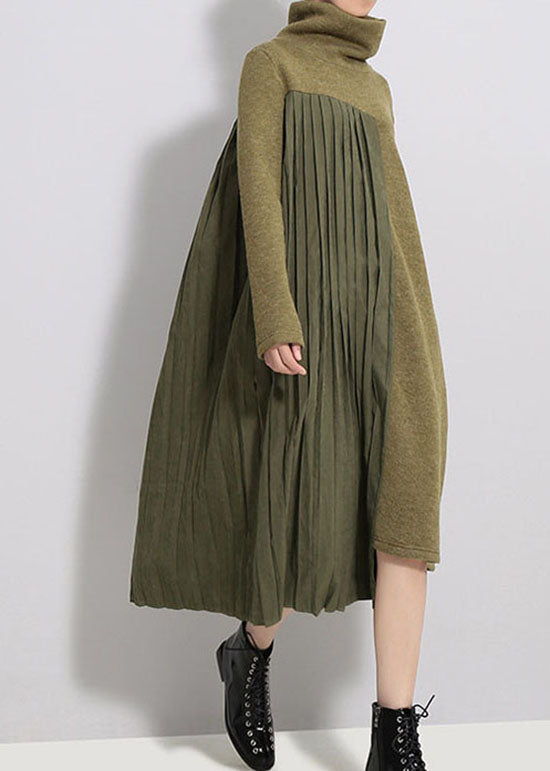 Knit Turtleneck Long Sleeve Asymmetrical Pleated Panel Oversized A-Line Midi Dress