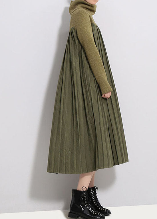 Knit Turtleneck Long Sleeve Asymmetrical Pleated Panel Oversized A-Line Midi Dress
