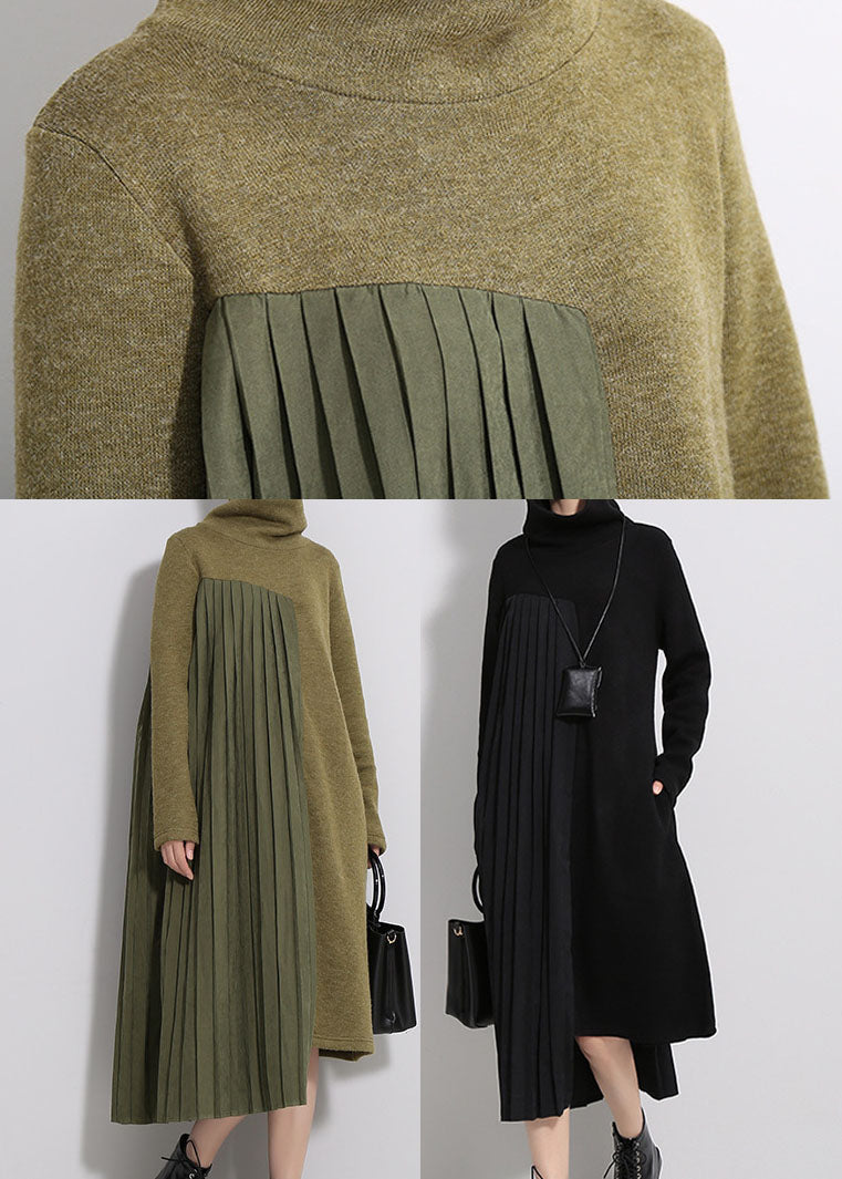 Knit Turtleneck Long Sleeve Asymmetrical Pleated Panel Oversized A-Line Midi Dress