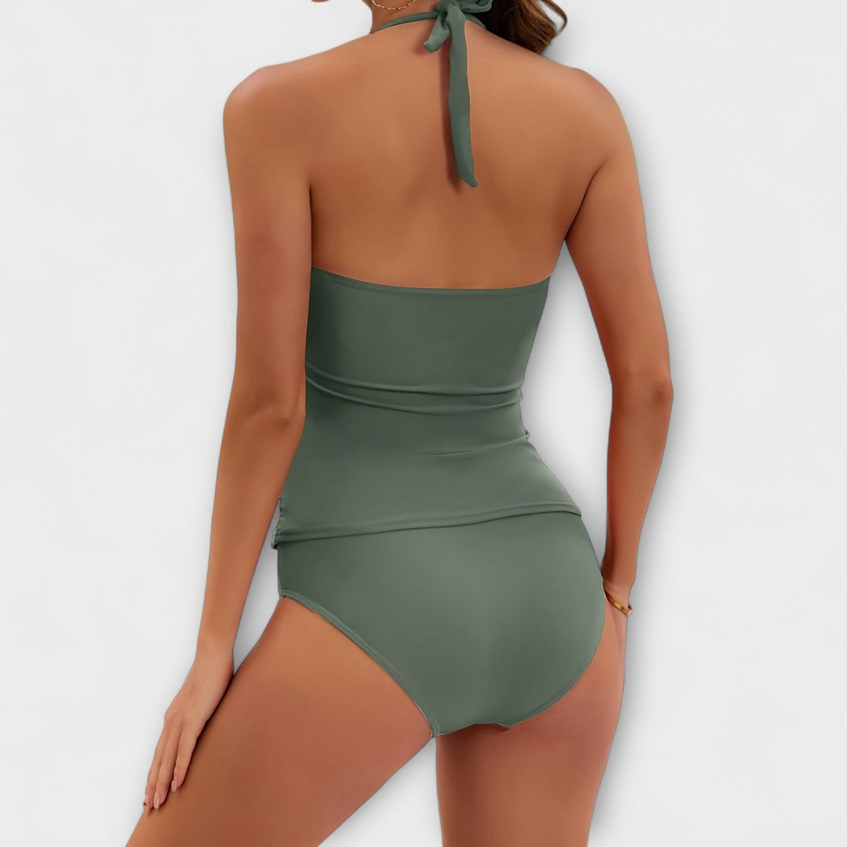 Halter Neck Ruched Tankini Two Piece Swimsuit