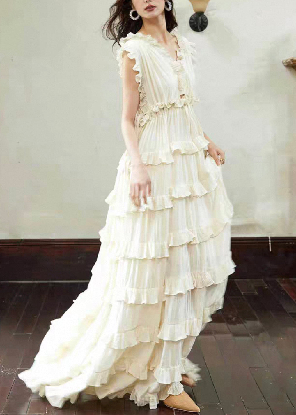 V-Neck Sleeveless Ruffle Trim Tiered Pleated Maxi Dress