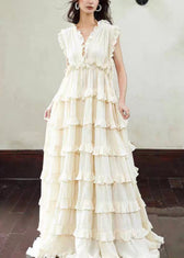 Art Beige Backless Ruffled Lace Up Cotton Long Dress Sleeveless 2