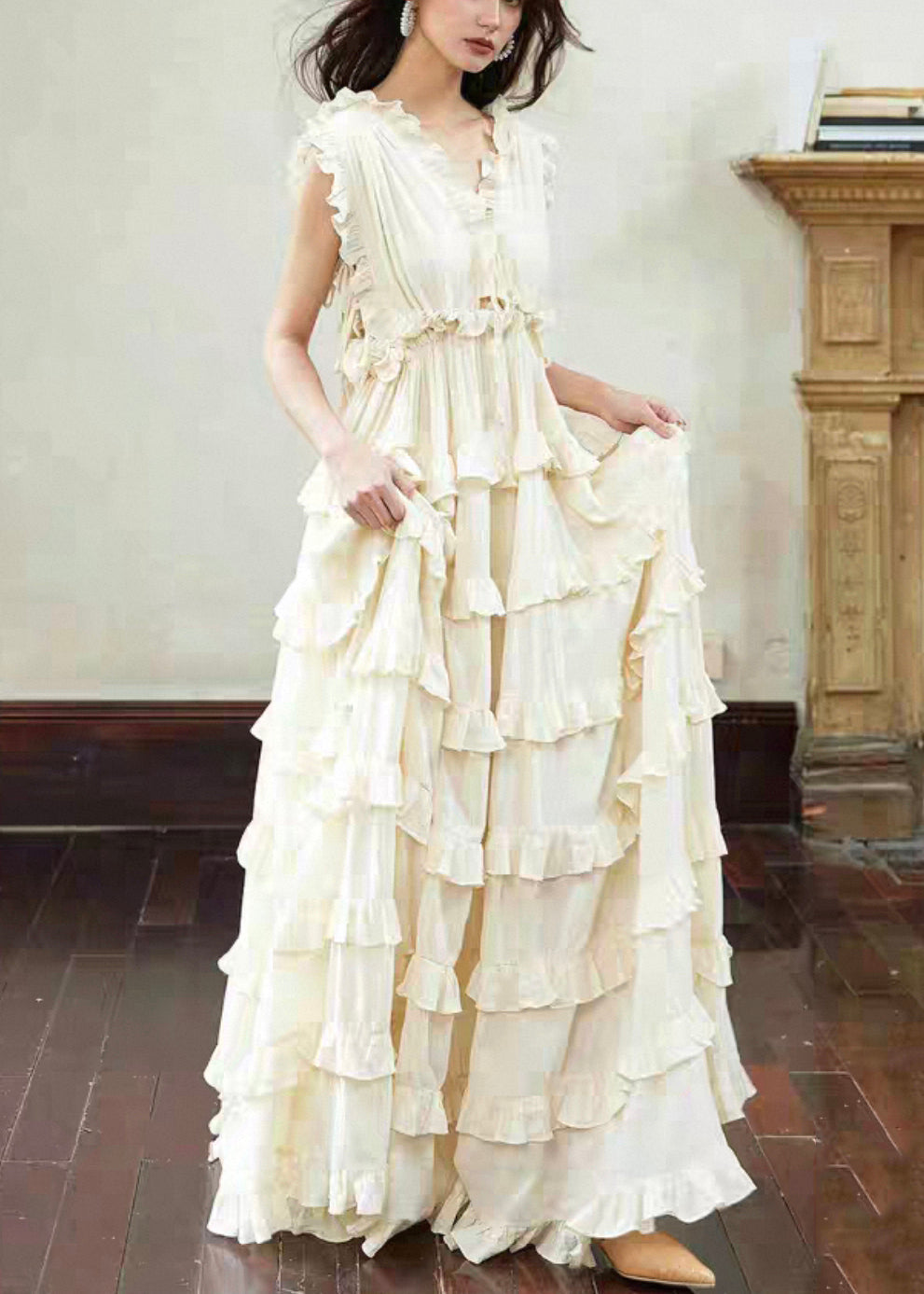 Art Beige Backless Ruffled Lace Up Cotton Long Dress Sleeveless 3