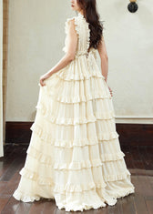 Art Beige Backless Ruffled Lace Up Cotton Long Dress Sleeveless 5