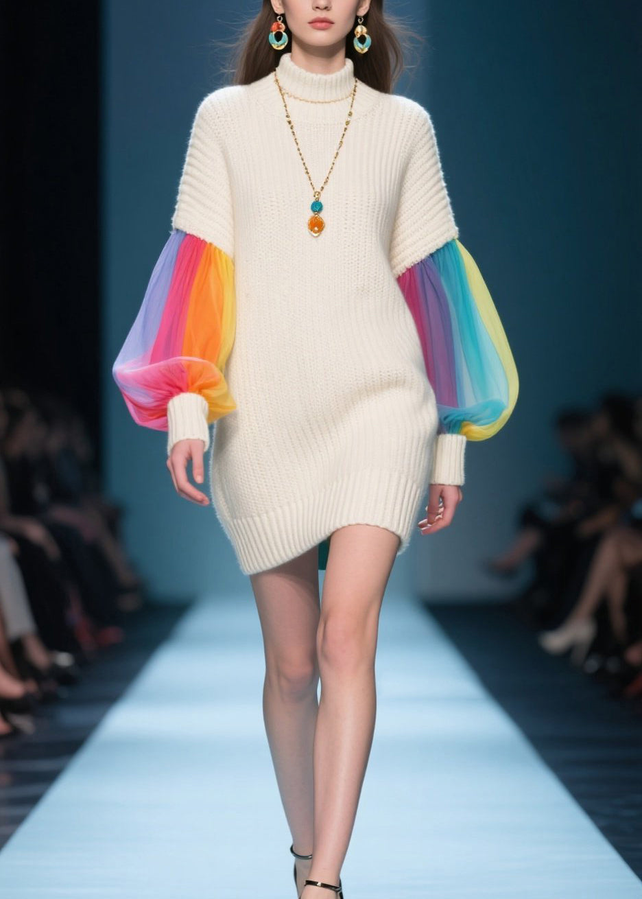 Knit Mock Neck Tulle Lantern Sleeve Ribbed Cuff Mini Sweater Dress