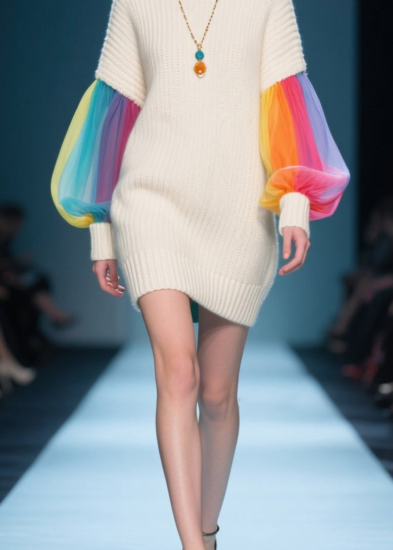 Knit Mock Neck Tulle Lantern Sleeve Ribbed Cuff Mini Sweater Dress
