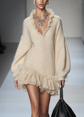 Art Beige V Neck Lace Patchwork Knit Mini Dresses Spring 3