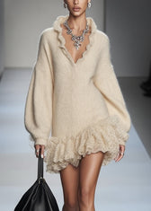 Art Beige V Neck Lace Patchwork Knit Mini Dresses Spring 5