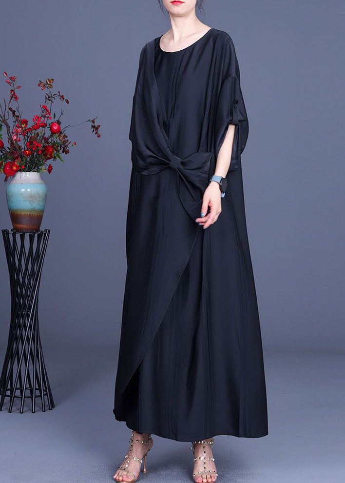 Batwing Sleeve Round Neck Knotted Waist Draped Panel Maxi Dress