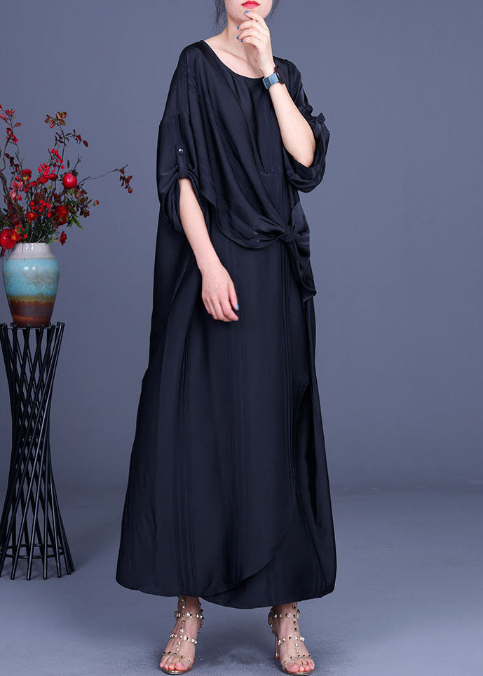 Batwing Sleeve Round Neck Knotted Waist Draped Panel Maxi Dress