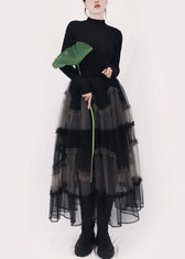 Art Black Asymmetrical Ruffled Tulle Patchwork Long Dresses Winter 2