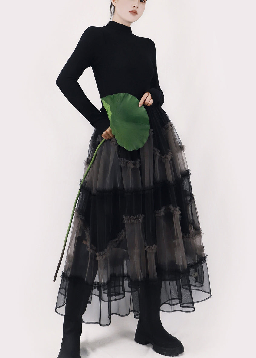 Art Black Asymmetrical Ruffled Tulle Patchwork Long Dresses Winter 3