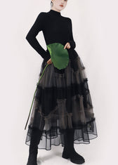 Art Black Asymmetrical Ruffled Tulle Patchwork Long Dresses Winter 3
