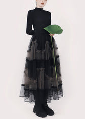 Art Black Asymmetrical Ruffled Tulle Patchwork Long Dresses Winter 4
