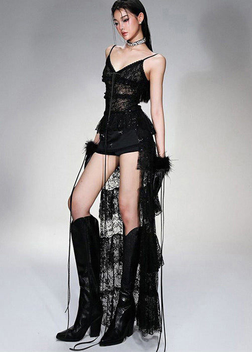 Lace Spaghetti Strap Tiered Ruffle Train High Low Hem Dress