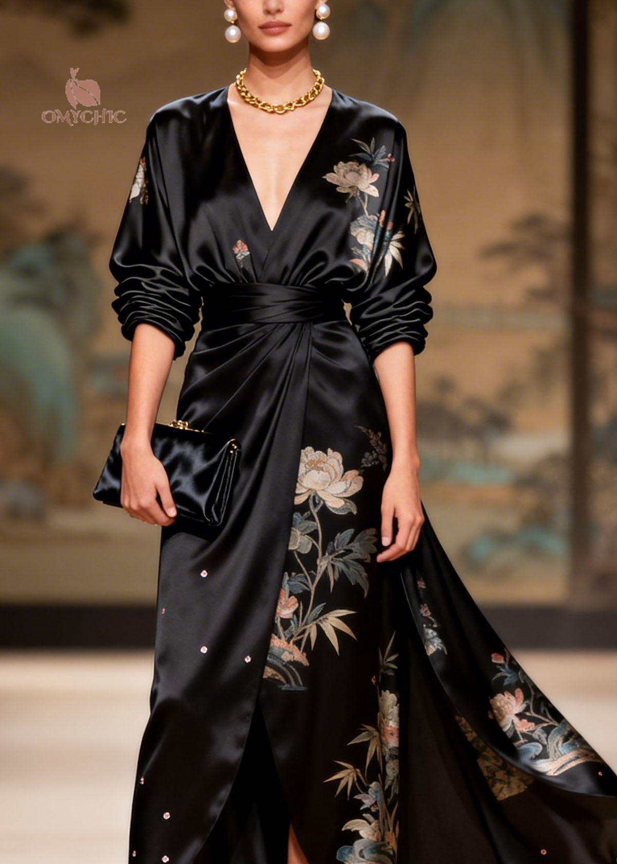 Bamboo Floral Print V-Neck Long Sleeve Wrap Belted Satin Maxi Gown