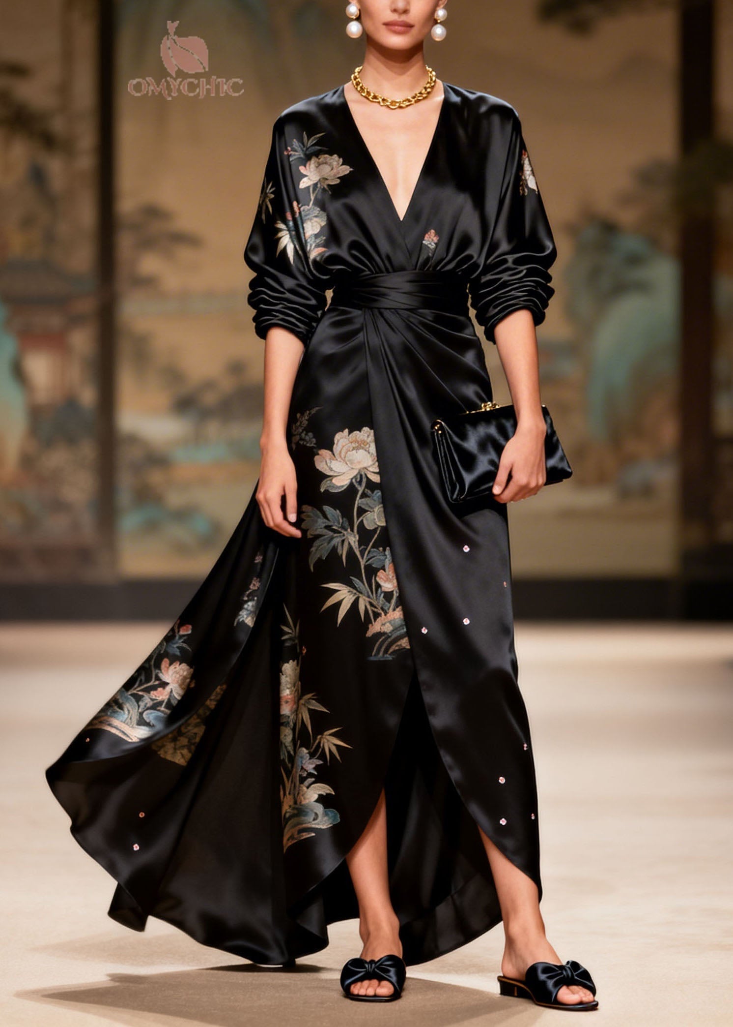 Bamboo Floral Print V-Neck Long Sleeve Wrap Belted Satin Maxi Gown